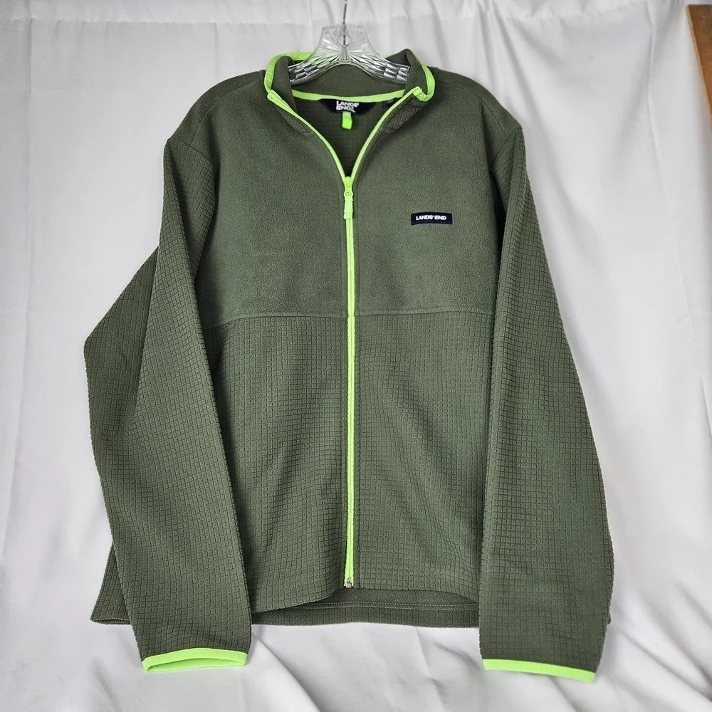 Land's End Men Long SleeveFullZip Grid Fleece Jacket (Navy/neon Green) Size‎ L